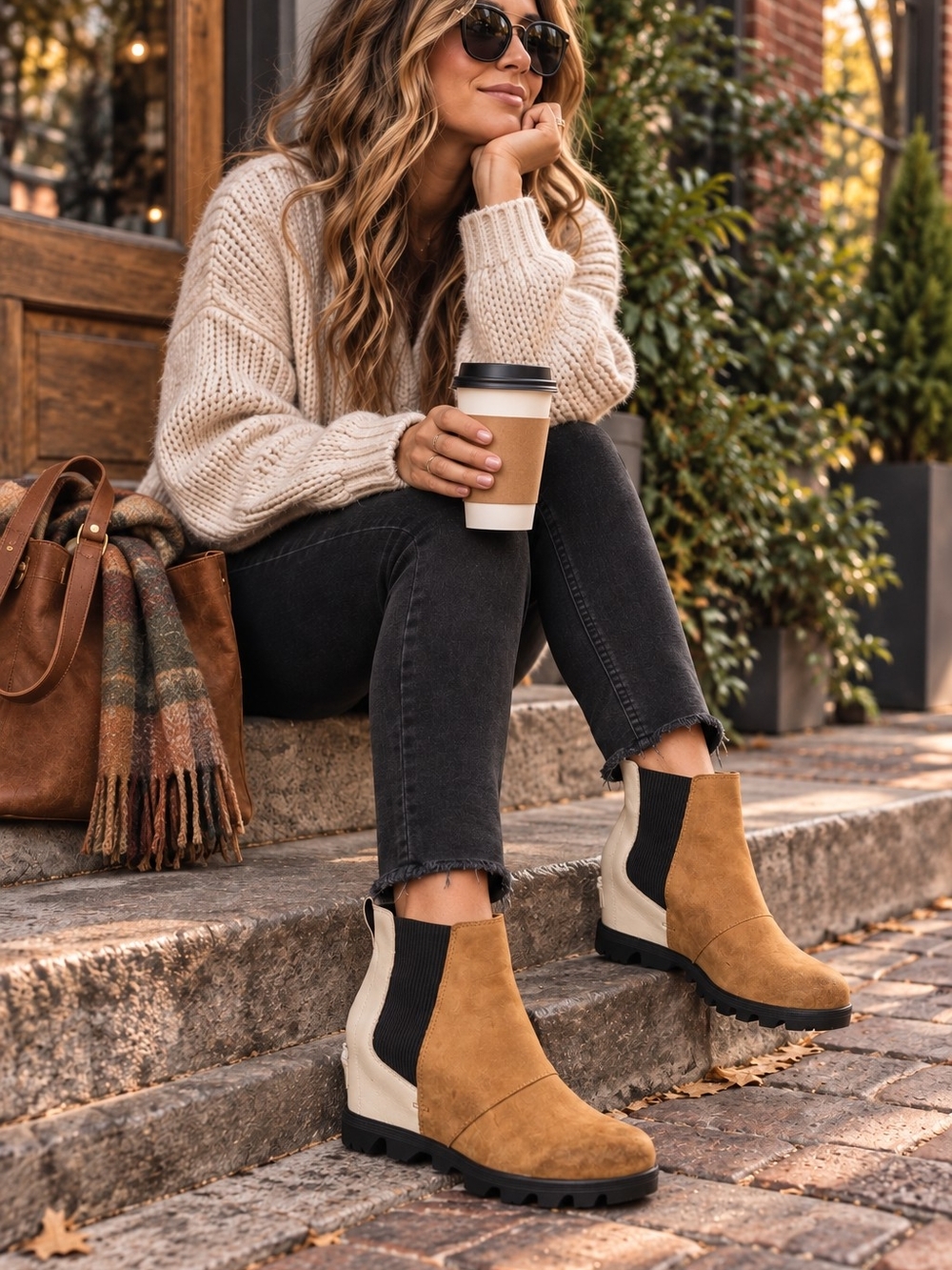 SOREL Joan of Arctic Wedge II Chelsea Boots Women's 9 Tan Leather Waterproof